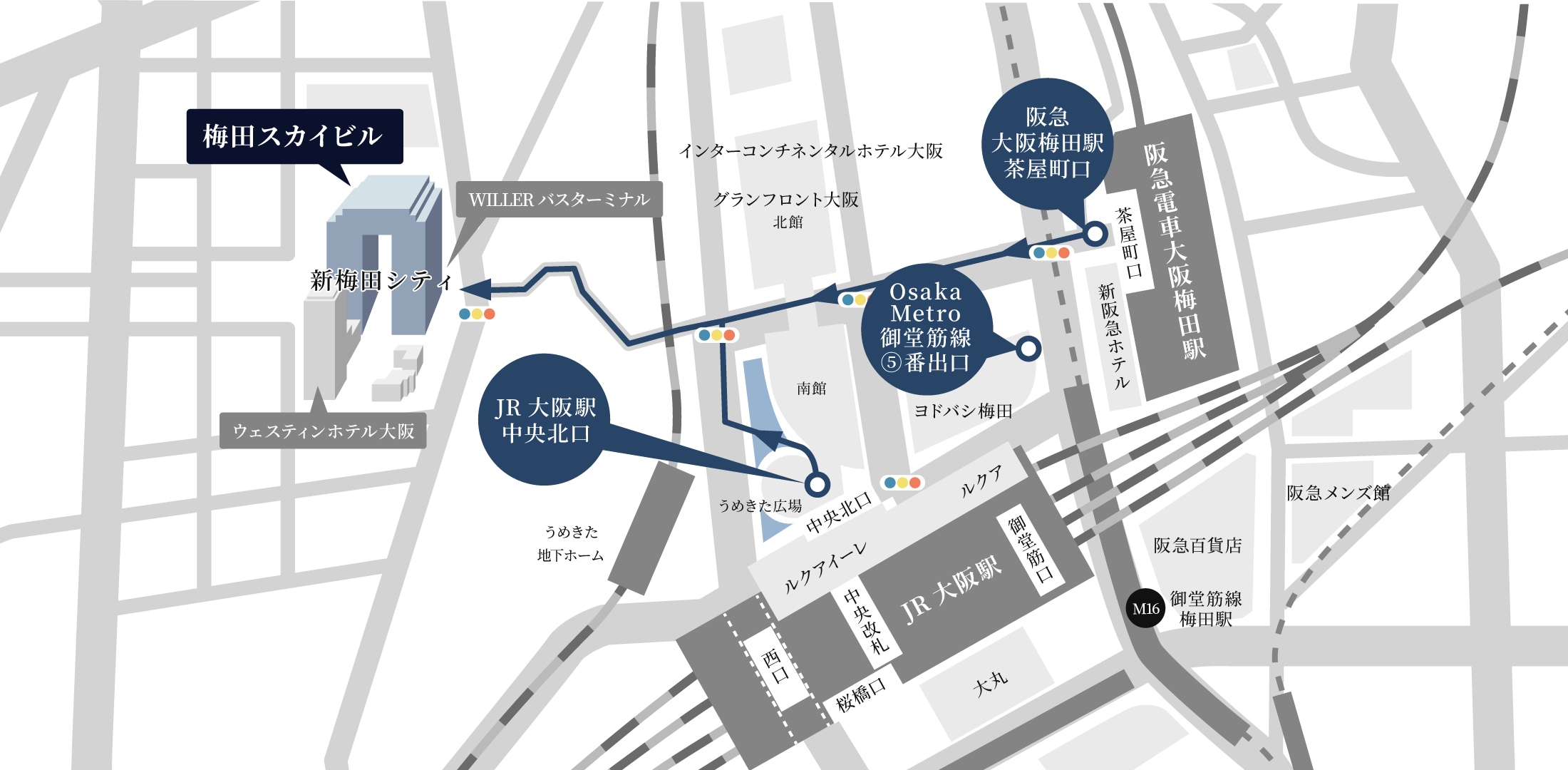 最寄駅から梅田スカイビルまでの周辺地図