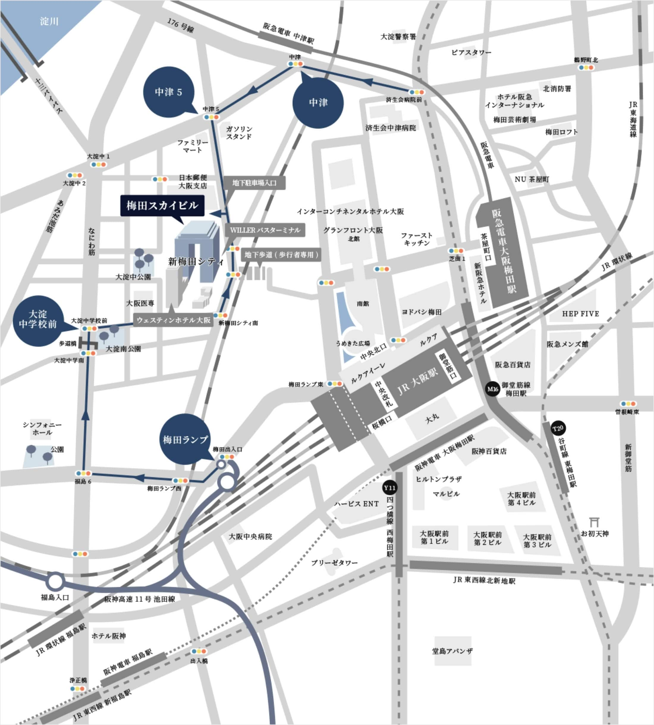 梅田スカイビル周辺の道路地図