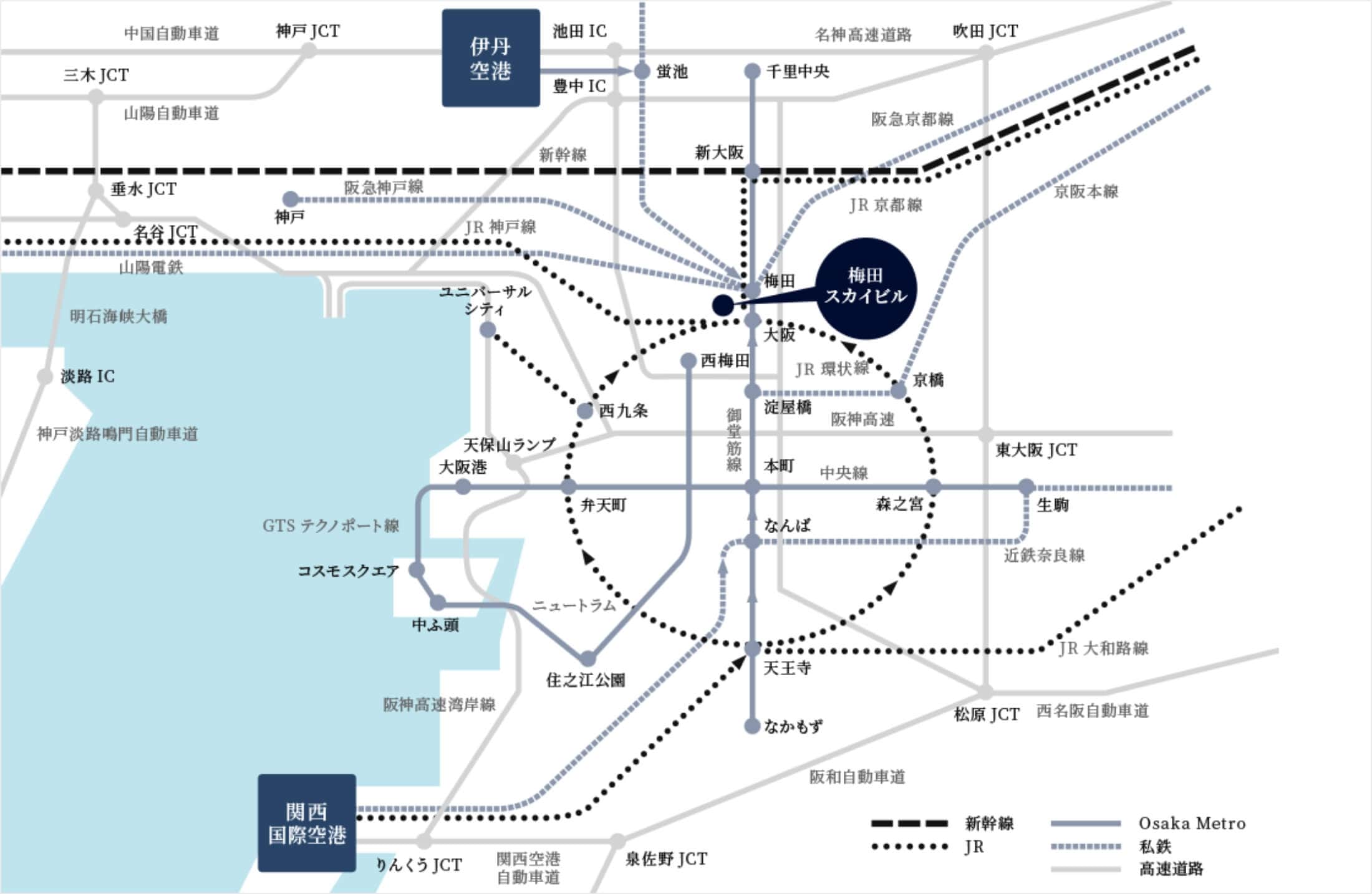 関西国際空港、伊丹空港から梅田スカイビルまでの路線図